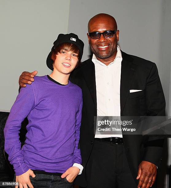 Singer Justin Bieber and L.A. Reid attend the Island Def Jam Spring Collection party at Stephen Weiss Studio on May 20, 2009 in New York City.