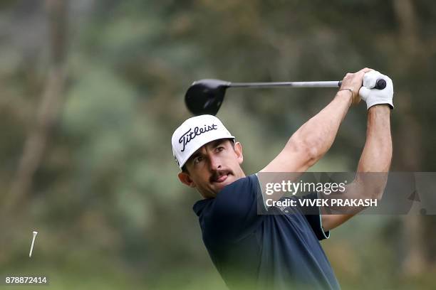 Wade Ormsby of Australia tees off on the 11th hole during round three of the Hong Kong Open tournament at the Hong Kong Golf Club on November 25,...