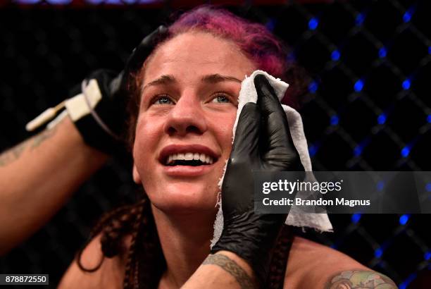 Gina Mazany reacts after the conclusion of her women's bantamweight bout against Wu Yanan of China ]during the UFC Fight Night event inside the...