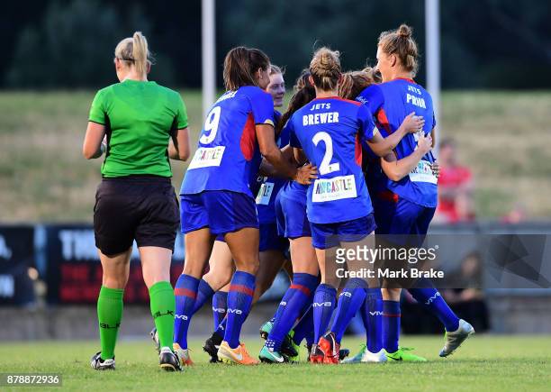 Newcastle Jets celebrate a goal by Victoria Huster during the round five W-League match between Adelaide United and Newcastle Jets at Marden Sports...