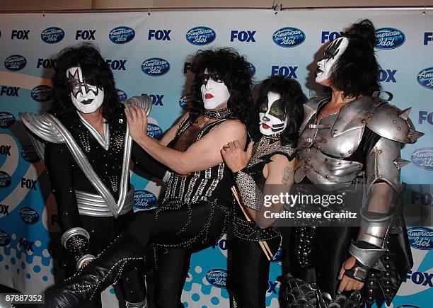 Musicians Tommy Thayer, Paul Stanley, Eric Singer and Gene Simmons of KISS pose in the press room during the American Idol Season 8 Grand Finale held...