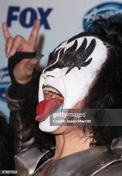 Musicians Tommy Thayer, Paul Stanley, Eric Singer and Gene Simmons of KISS pose in the press room during the American Idol Season 8 Grand Finale held...