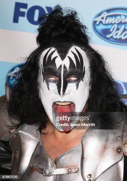 Musicians Tommy Thayer, Paul Stanley, Eric Singer and Gene Simmons of KISS pose in the press room during the American Idol Season 8 Grand Finale held...