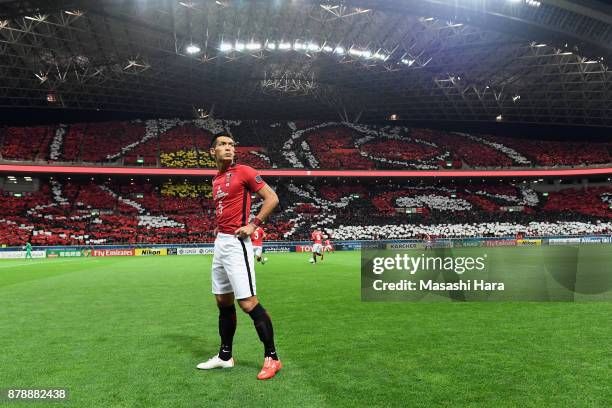 Tomoaki Makino of Urawa Red Diamonds looks on prior to the AFC Champions League Final second leg match between Urawa Red Diamonds and Al-Hilal at...