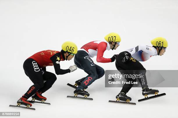 Chen Dequan of China, Dubois Steven of Canada, First place winner Jiwon Park of Korea compete in the Men's 1500m final during the 2017 Shanghai...