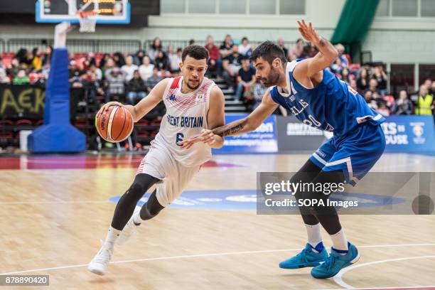 Great Britain Luke Nelson and Greece Dusan Sakota during the FIBA World Cup qualifiers between Great Britain and Greece at the Leicester Arena Final...