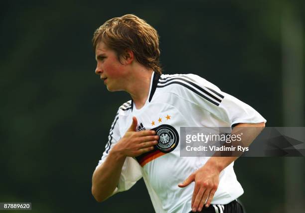 Patrick Weihrauch of Germany celebrates after scoring his team's second goal during a friendly match between Germany and U.S.A. At the Hoher Busch...