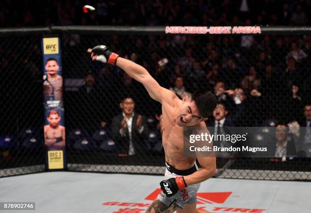 Song Yadong of China celebrates after his victory over Bharat Kandare in their featherweight bout during the UFC Fight Night event inside the...