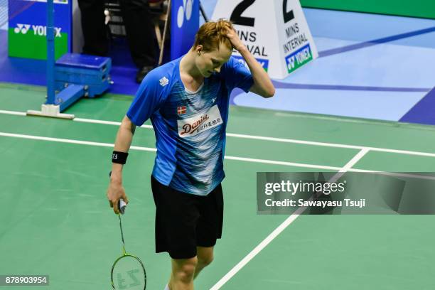 Anders Antonsen of Denmark reacts after defeated by Chen Long of China during the Yonex Sunrise Hong Kong Open 2017 on November 25, 2017 in Hong...