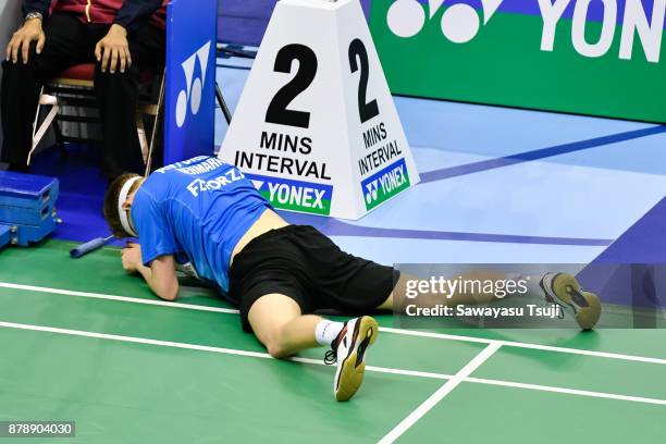 Anders Antonsen of Denmark reacts after defeated by Chen Long of China during the Yonex Sunrise Hong Kong Open 2017 on November 25, 2017 in Hong...