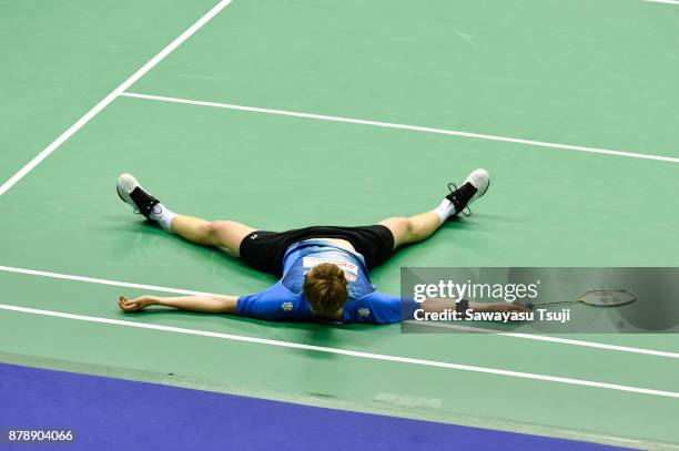 Anders Antonsen of Denmark reacts during the Yonex Sunrise Hong Kong Open 2017 on November 25, 2017 in Hong Kong, Hong Kong.