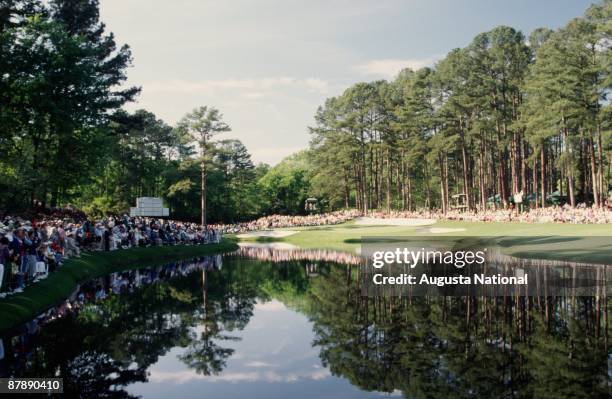 On course view over the water hazard of the 16th hole during the 1989 Masters Tournament at Augusta National Golf Club on April 1989 in Augusta,...