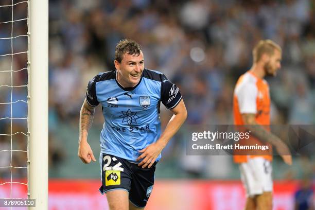 Sebastian Ryall of Sydney celebrates scoring a goal during the round eight A-League match between Sydney FC and the Brisbane Roar at Allianz Stadium...