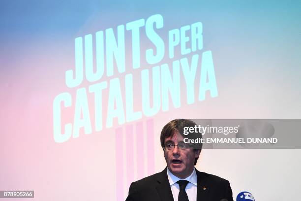 Deposed Catalan leader Carles Puigdemont gives a press conference to announce his candidacy for Catalan regional elections and unveil his electoral...