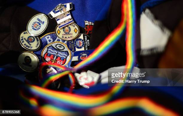 Detailed view of Bath Rugby badges on a shirt with a Rainbow lace during the Aviva Premiership match between Bath Rugby and Harlequins at the...