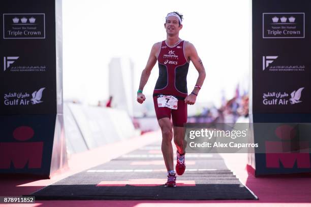 Sven Riederer of Switzerland reacts as he finishes in 3rd place the men's race of IRONMAN 70.3 Middle East Championship Bahrain on November 25, 2017...