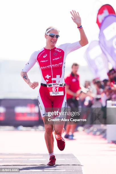 Daniela Ryf of Switzerland reacts as she finishes in 3rd place the women's race of IRONMAN 70.3 Middle East Championship Bahrain on November 25, 2017...