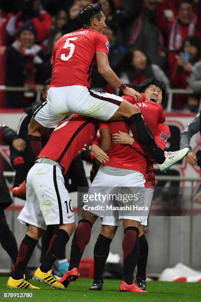 Urawa Red Diamonds players celebrate their first goal by Rafael Silva during the AFC Champions League Final second leg match between Urawa Red...