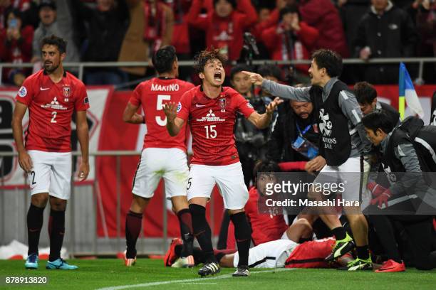 Kazuki Nagasawa of Urawa Red Diamonds celebrates his side's first goal during the AFC Champions League Final second leg match between Urawa Red...