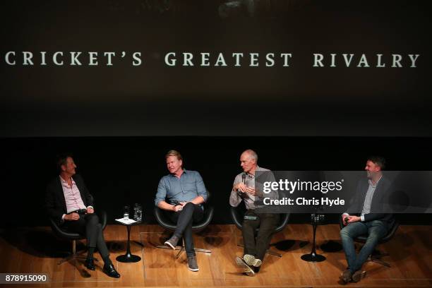 Mark Nicholas, Peter Dickson, Greg Chappell and Graeme Swann speak during the premier of Forged In Fire at Queensland Gallery of Modern Art Cultural...