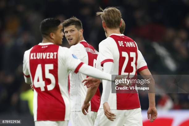 Justin Kluivert of Ajax, Klaas Jan Huntelaar of Ajax, Siem de Jong of Ajax during the international friendly match between Ajax Amsterdam and...