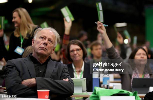 Greens Bundestag Member Juergen Trittin attends a party federal Congress of Alliance 90/The Greens on November 25, 2017 in Berlin, Germany. After...
