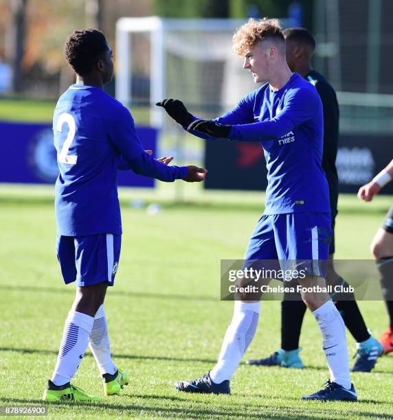 Charlie Brown of Chelsea celebrates his Hat trick with the team during the Chelsea vs West ham U18 Premier League Match at Chelsea Training Ground on...