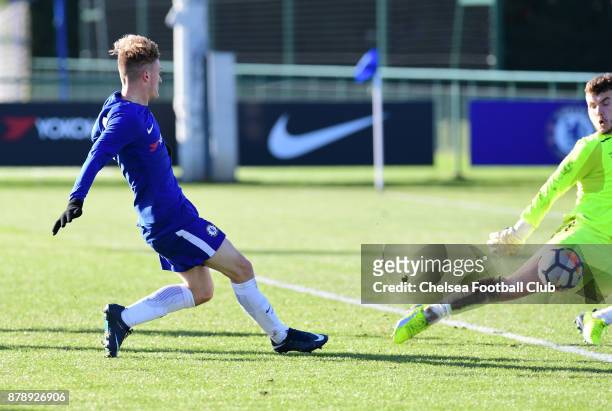 Charlie Brown of Chelsea scores his third goal during the Chelsea vs West ham U18 Premier League Match at Chelsea Training Ground on November 25,...