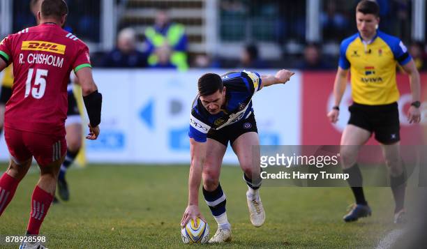 Freddie Burns of Bath Rugby scores his sides second try during the Aviva Premiership match between Bath Rugby and Harlequins at the Recreation Ground...