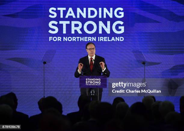 Democratic Unionist Party deputy leader and Westminster leader Nigel Dodds gives his speech during the annual DUP party conference at La Mon House on...