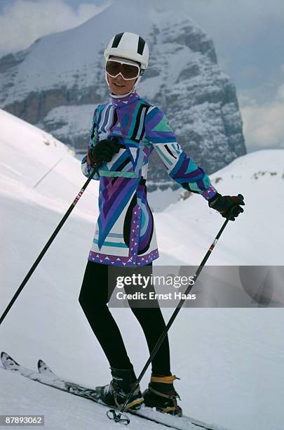 Young woman modelling a ski outfit, April 1969.