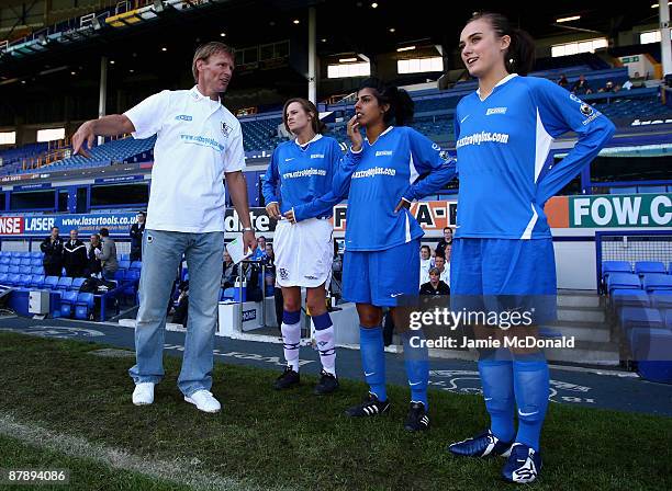 Teddy Sheringham coaches Lena Kaur and Loui Batley from Hollyoaks at the first ever all female football aid charity game organiised by Hollyoaks and...