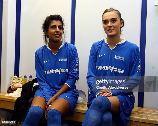 Lena Kaur and Loui Batley from Hollyoaks listen to Teddy Sheringham's team talk before the first ever All Female Football Aid Charity Game with...