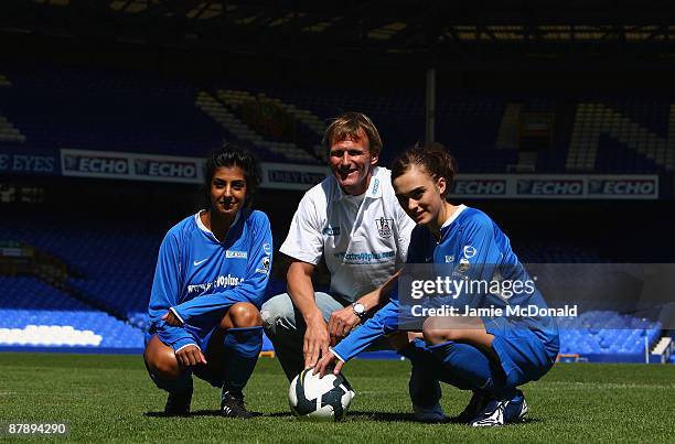 Teddy Sheringham coaches Lena Kaur and Loui Batley from Hollyoaks at the first ever all female football aid charity game organiised by Hollyoaks and...