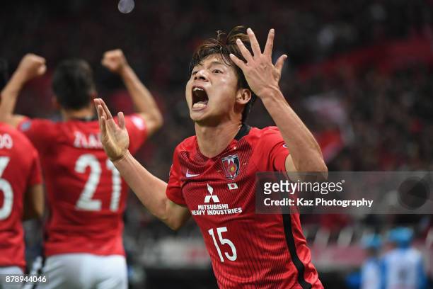 Kazuki Nagasawa of Urawa Red Diamonds celebrates his side's first goal during the AFC Champions League Final second leg match between Urawa Red...