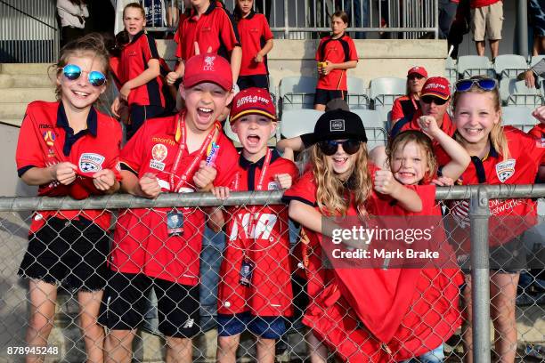 Young Adelaide United fans during the round five W-League match between Adelaide United and Newcastle Jets at Marden Sports Complex on November 25,...