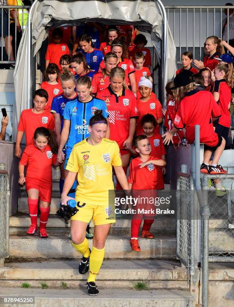 Players take the field at the start of the round five W-League match between Adelaide United and Newcastle Jets at Marden Sports Complex on November...