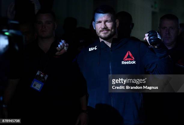 Michael Bisping of England prepares to enter the Octagon prior to his middleweight bout against Kelvin Gastelum during the UFC Fight Night event...