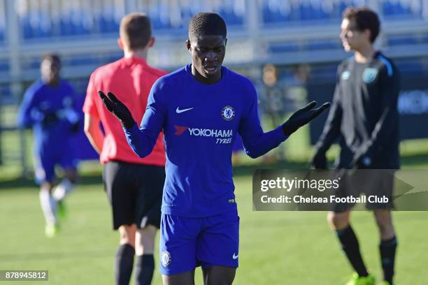 Clinton Mola of Chelsea celebrates Chelsea's third goal during the Chelsea vs West ham U18 Premier League Match at Chelsea Training Ground on...