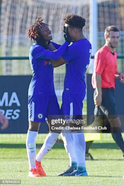 Tariq Uwakwe of Chelsea celbrates Chelsea's fourth goal during the Chelsea vs West ham U18 Premier League Match at Chelsea Training Ground on...