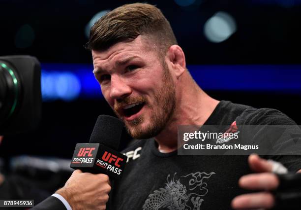 Michael Bisping of England is interviewed after his knockout loss to Kelvin Gastelum in their middleweight bout during the UFC Fight Night event...