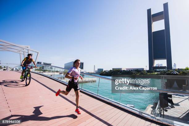 Kristian Blummenfelt of Norway competes during the run leg of IRONMAN 70.3 Middle East Championship Bahrain on November 25, 2017 in Bahrain, Bahrain.