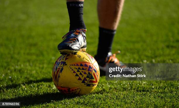 Playe wears rainbow laces for the Stonewall campaign before the Sky Bet Championship match between Barnsley and Leeds United at Oakwell Stadium on...