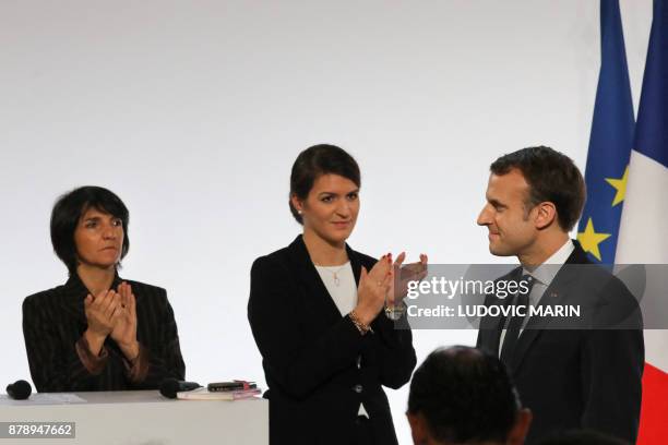 French humorist and patron of the association "Women Safe" Florence Foresti and French Junior Minister for Gender Equality Marlene Schiappa applaud...