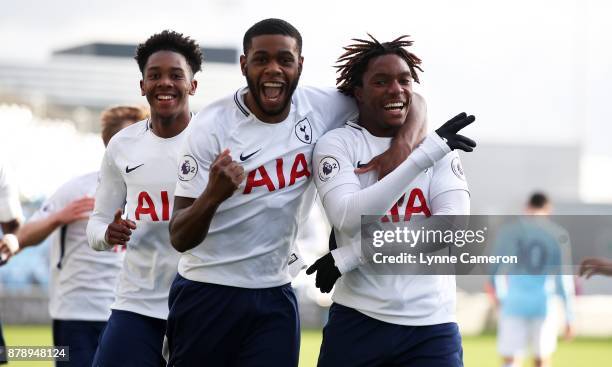 Kazaiah Sterling of Tottenham Hotspur celebrates scoring the second goal with Jadon Brown and Japheth Tanganga during the Premier League 2 match at...