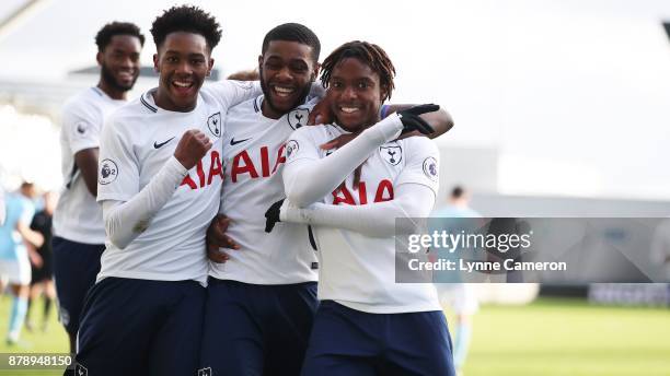 Kazaiah Sterling of Tottenham Hotspur celebrates scoring the second goal with Jadon Brown and Japheth Tanganga during the Premier League 2 match at...