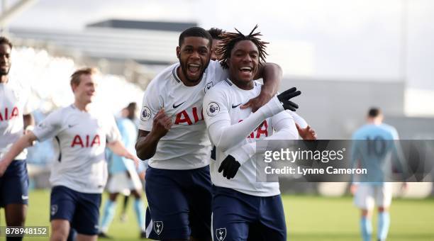 Kazaiah Sterling of Tottenham Hotspur celebrates scoring the second goal with Jadon Brown and Japheth Tanganga during the Premier League 2 match at...