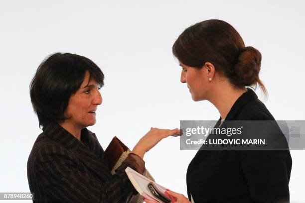 French humorist and patron of the association "Women Safe" Florence Foresti talks with French Junior Minister for Gender Equality Marlene Schiappa...