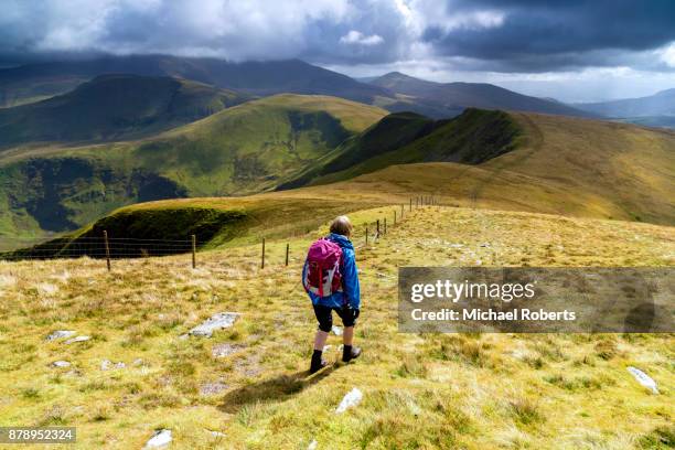 hiker walking down from moel eilio towards snowdon in snowdonia - llanberis stock pictures, royalty-free photos & images