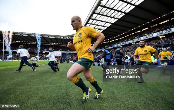 Stephen Moore of Australia walks out prior to the international match between Scotland and Australia at Murrayfield Stadium on November 25, 2017 in...